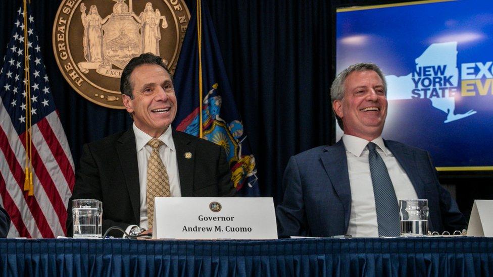 New York Governor Andrew Cuomo and New York Mayor Bill de Blasio speak during a news conference about Amazon"s headquarters, November 13, 2018.