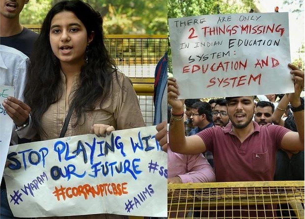 CBSE students protest over the alleged paper leak, at Jantar Mantar in New Delhi, on Thursday. T