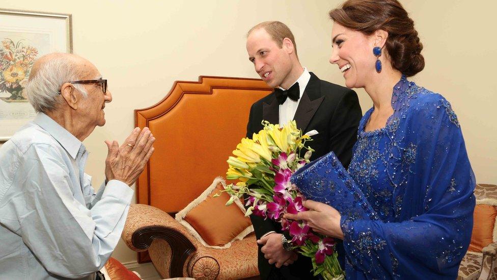 Handout photograph showing the Duke and Duchess of Cambridge meeting Boman Kohinoor during a meeting in Mumbai on 10 April 2016.