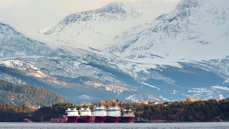 Offshore construction vessels outside Aalesund on the west coast of Norway,