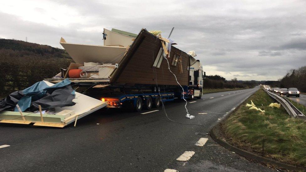 Overturned caravan on A55