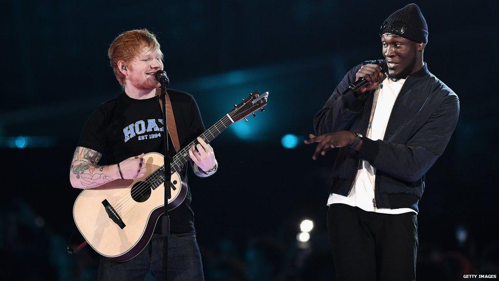 Ed Sheeran and Stormzy perform on stage at The BRIT Awards 2017