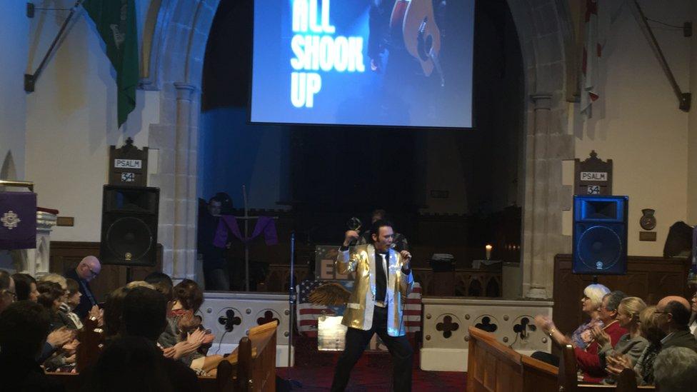 Andy Rogers performs as Elvis in St Canice's Church, Eglinton