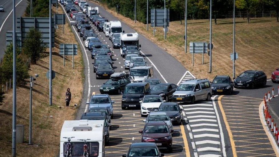 Traffic on approach to the Eurotunnel terminal in Kent on 28 July 2018