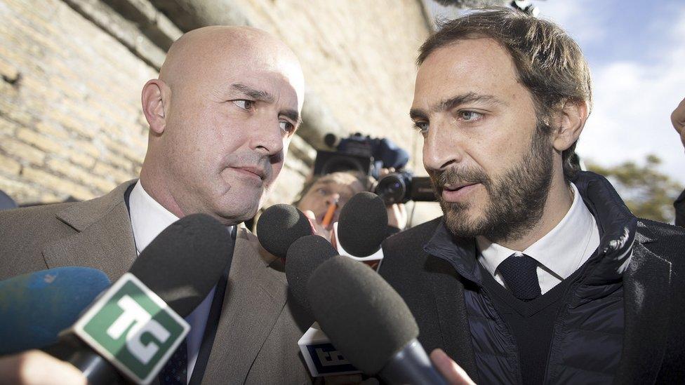 Journalists Gianluigi Nuzzi (L) and Emiliano Fittipaldi