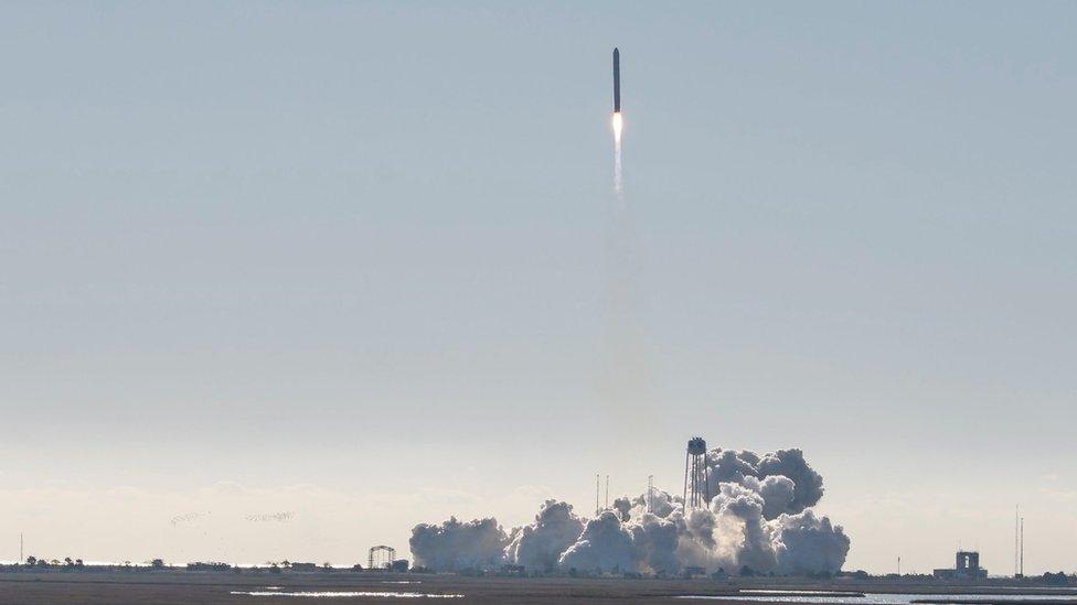 The Northrop Grumman Antares rocket, with Cygnus resupply spacecraft onboard, launching from Nasa's Wallops Flight Facility in Virginia, 2 November