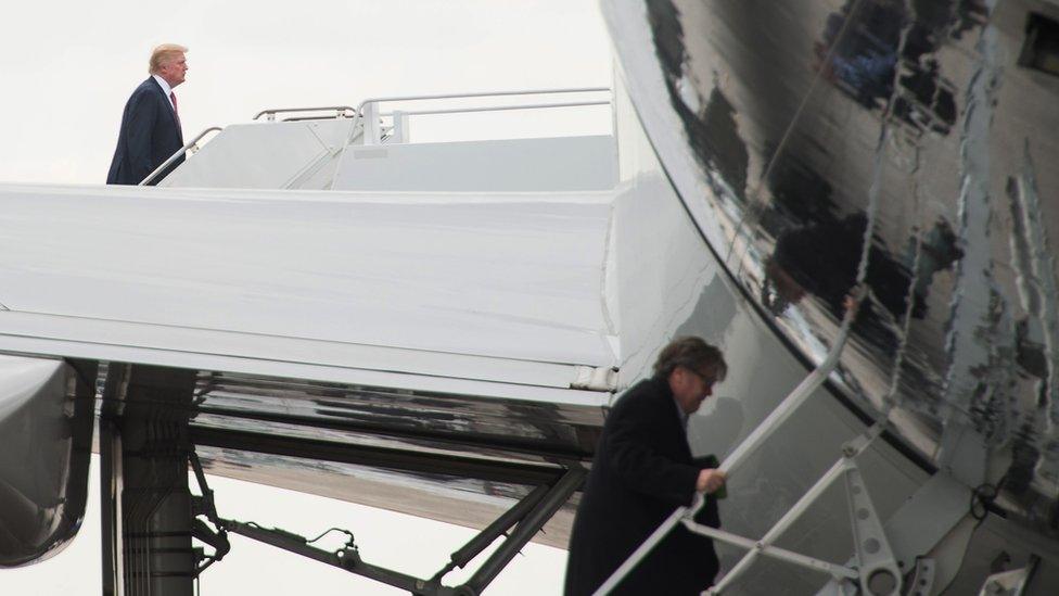 US President Donald Trump and Steve Bannon board Air Force One in Palm Beach, Florida, in March 2017.