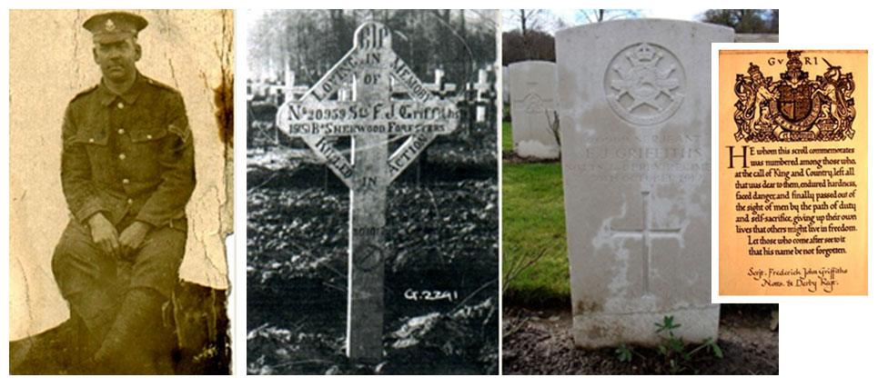 Fred Griffiths in uniform, his grave in Belgium and a memorial scroll