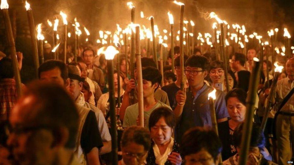 A torchlight procession in Nagasaki