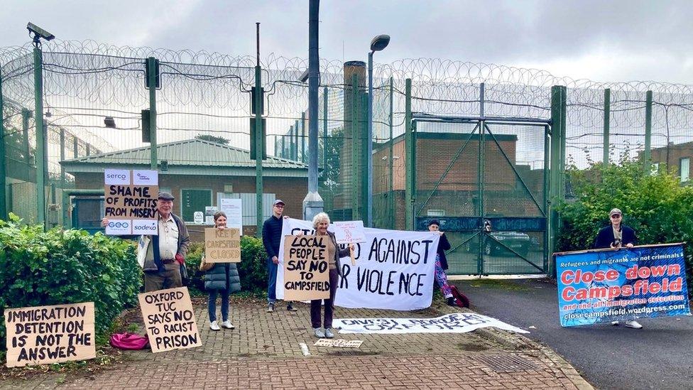 Protestors in front of Campsfield