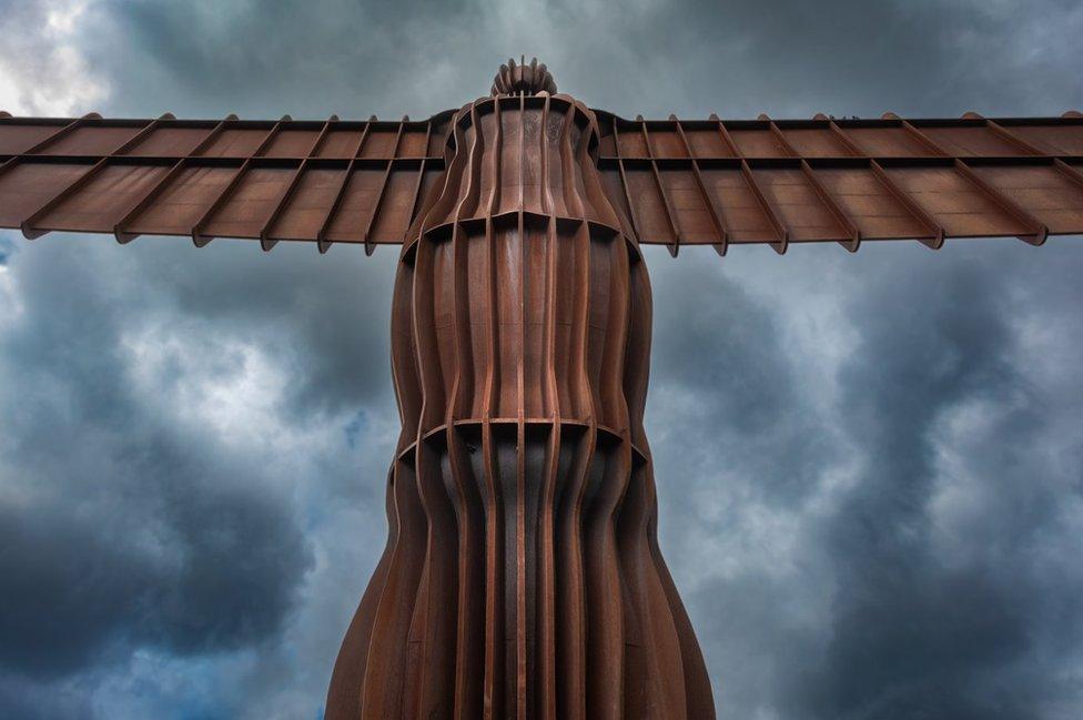 Looking up at the Angel of the North