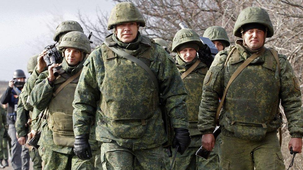 Pro-Russian militants march during the forces disengagement near the Petrivske village, Ukraine, 09 November 2019