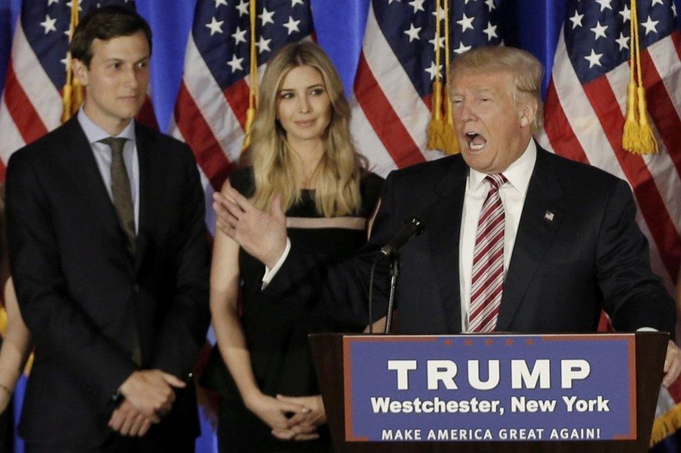 Donald Trump speaks as his son-in-law Jared Kushner (left) and his daughter Ivanka listen at a campaign event at the Trump National Golf Club Westchester in Briarcliff Manor, New York, on 7 June 2016