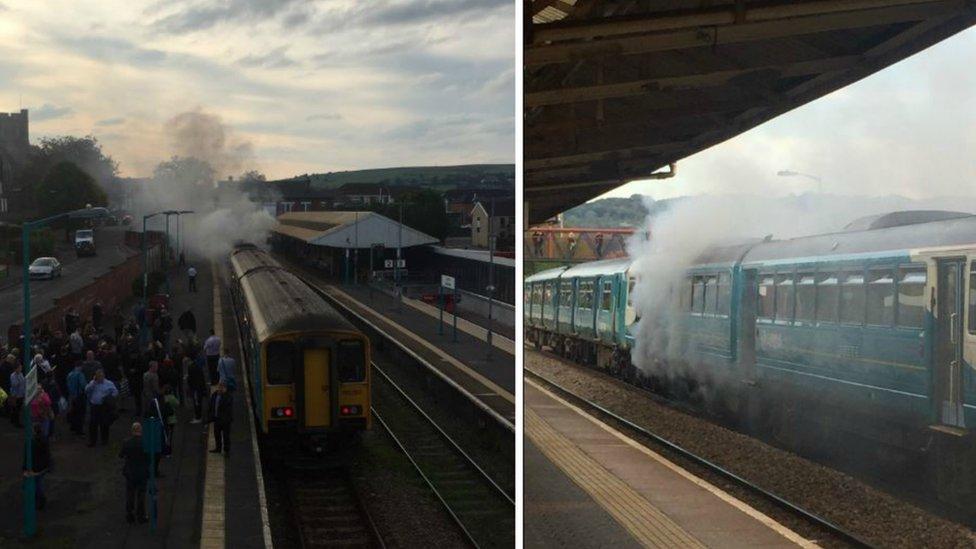 The train on fire at Caerphilly railway station