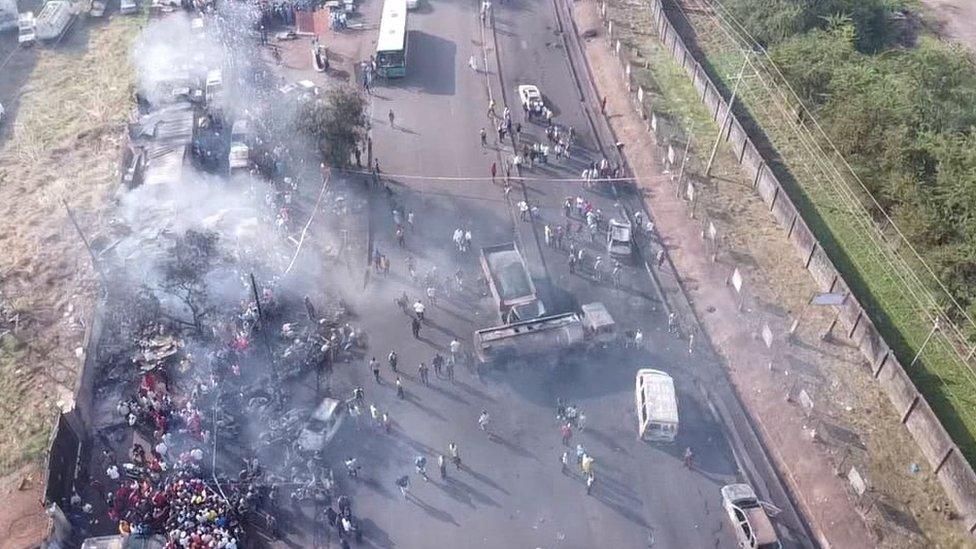 An aerial view of the remnants of the oil tanker that caused the explosion