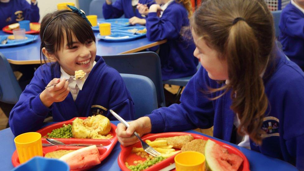 Children eating school dinner