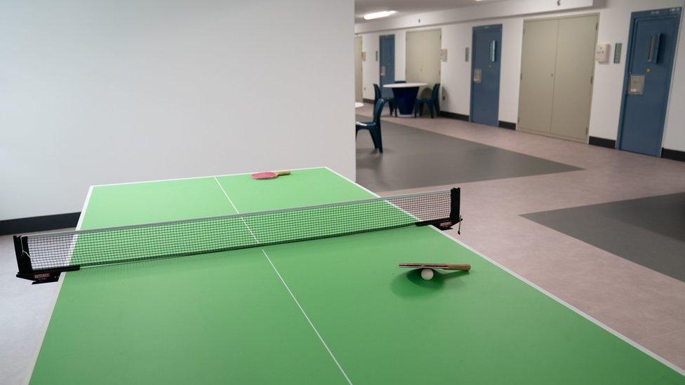 Table tennis table with cells in the background