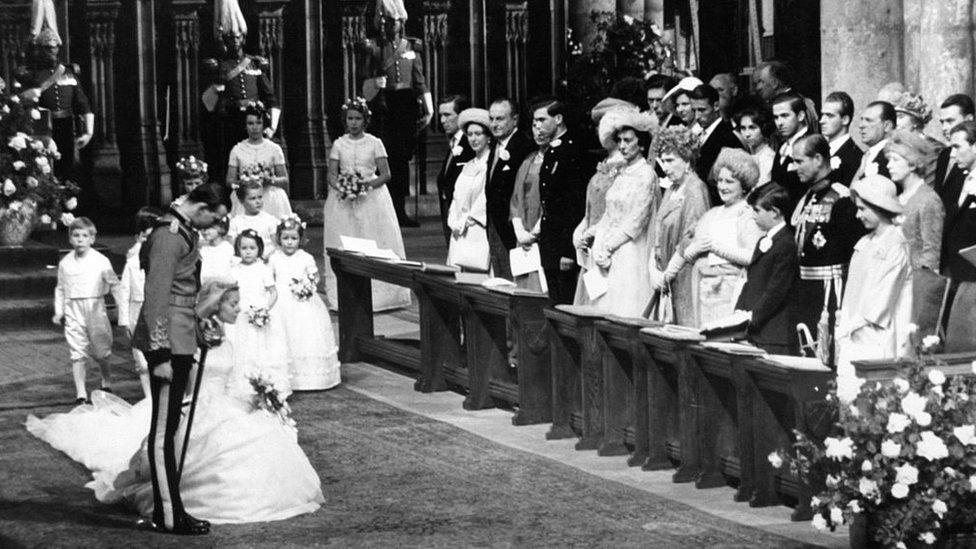 Queen Elizabeth II at the wedding of Katharine Worsley to the Duke of Kent at York Minster