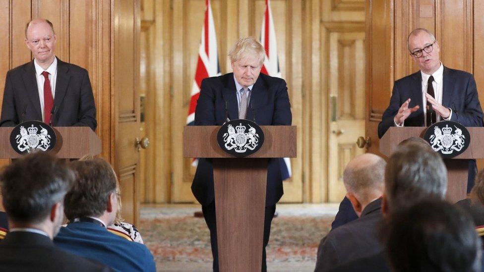 Prof Chris Whitty, Boris Johnson and Sir Patrick Vallance