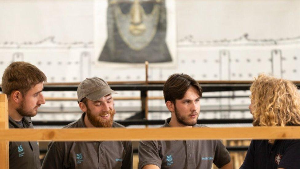 Apprentices Matthew Lee, Joshua Bobbett and Rowan Kitt with assistant shipwright Laurie Walker