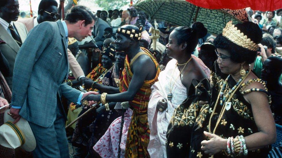 Prince Charles, Prince of Wales meets Ashanti chiefs and their wives as he attends a durbar in his honour when he visits the Ashanti tribe on March 01, 1977 in Kumasi, Ghana