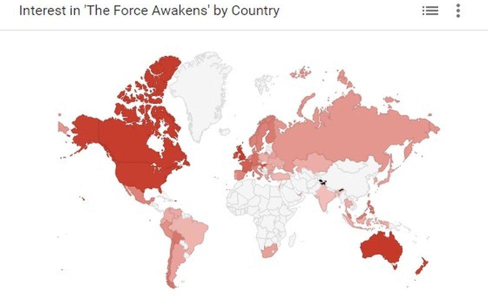 Google Trends map showing global interest in new Star Wars film - 14 December 2015