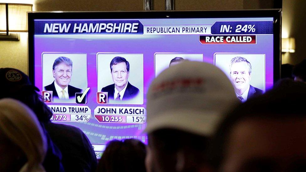 Supporters watch election returns on a big screen as they wait for Republican presidential candidate, businessman Donald Trump to speak during a primary night rally, Tuesday, Feb. 9, 2016,