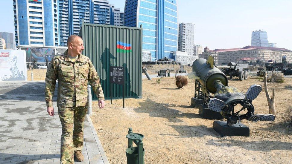 President Ilham Aliyev is seen during the opening ceremony of Spoils of War Museum