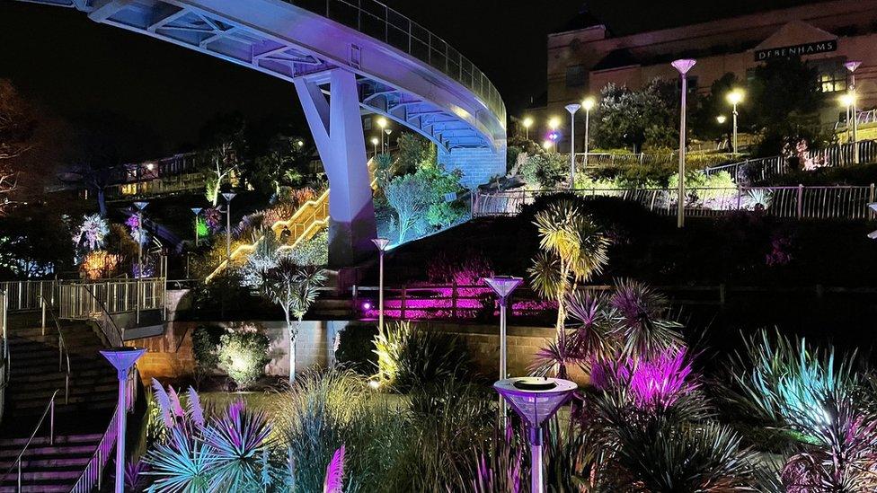 Light installation at night amongst trees