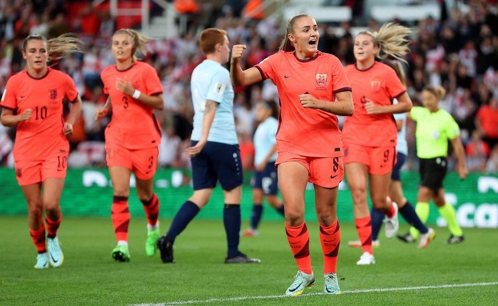 Georgia Stanway of England celebrating after scoring England's first goal in Tuesday's match