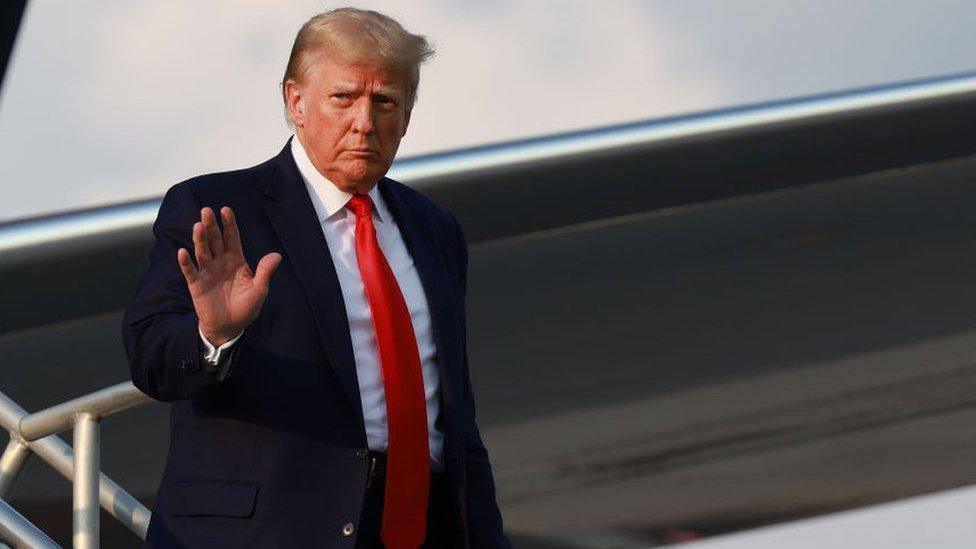 Donald Trump arrives at Atlanta Hartsfield-Jackson International Airport on 24 August 2023 in Atlanta, Georgia