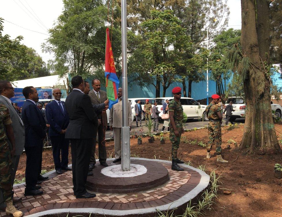 President Isaias Afwerki at the embassy with his host Prime Minister Abiy Ahmed as he raises Eritrea's flag for the first time in 20 years