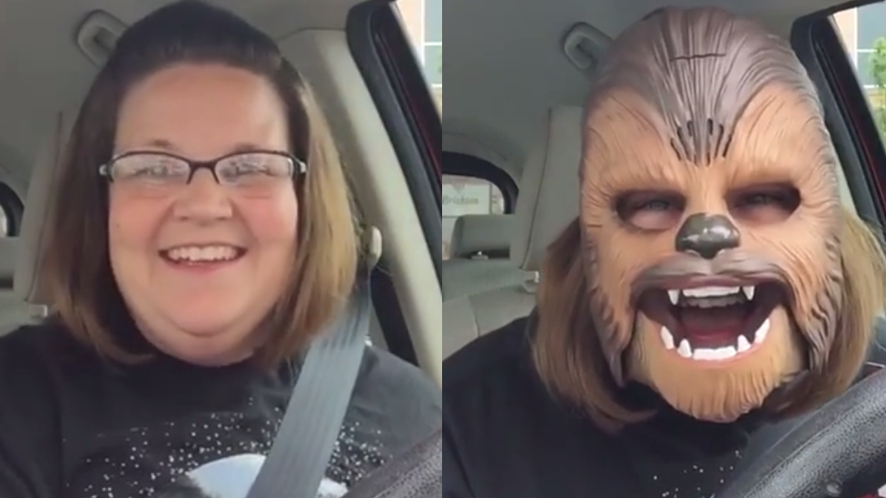 Candance Payne wearing a Chewbacca mask