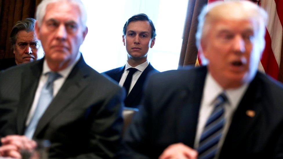 White House advisors Steve Bannon (L) and Jared Kushner (C) attend as U.S. President Donald Trump (R), flanked by Secretary of State Rex Tillerson (2nd L) holds a cabinet meeting at the White House in Washington, U.S. March 13, 2017.