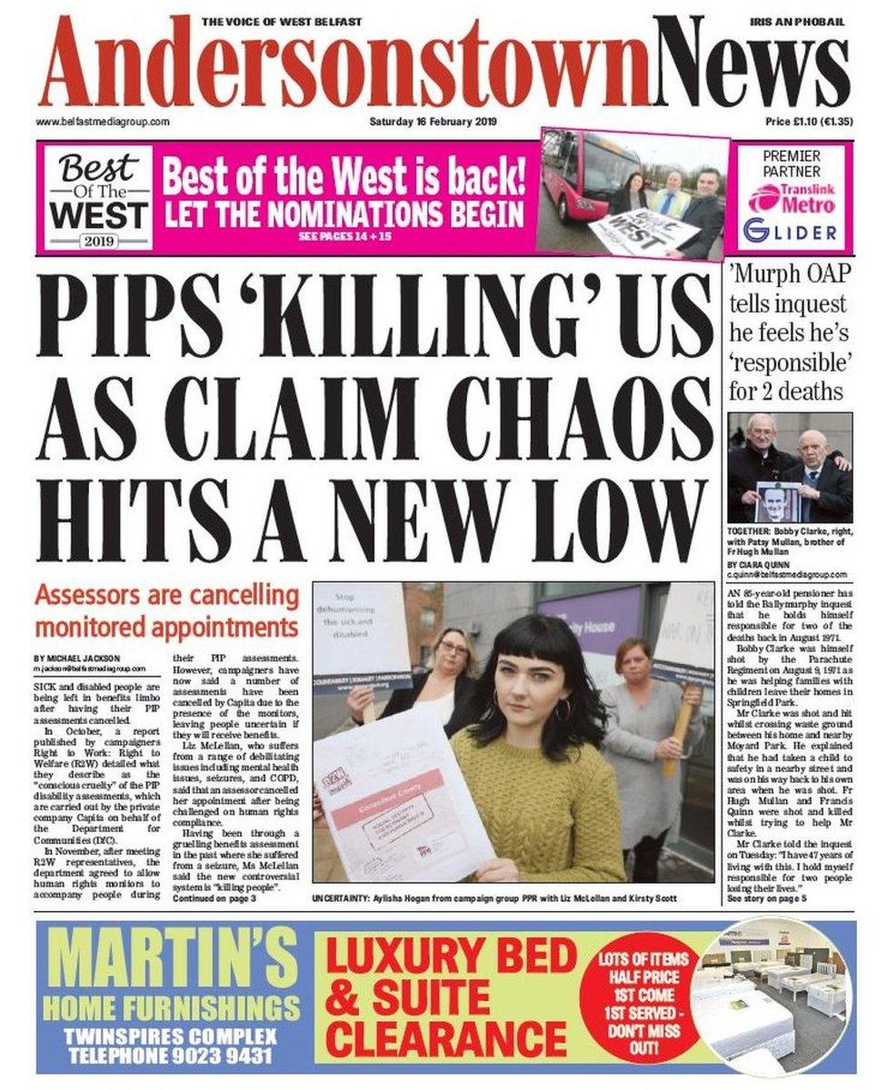 front page Andersonstown News Saturday 16 February 2019