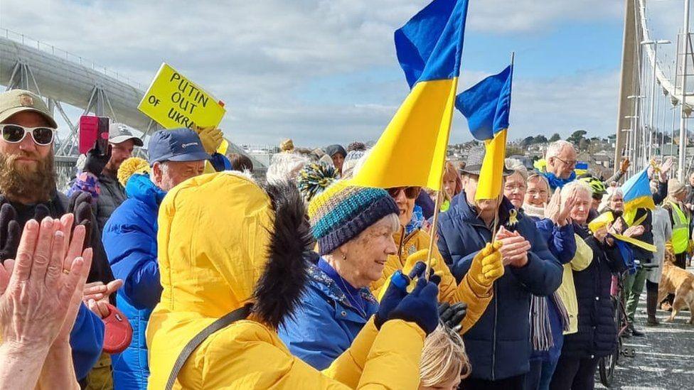 A photo of the Tamar Bridge where people have come to support Ukraine.