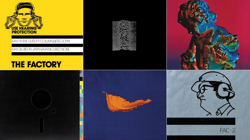 (clockwise from top left) The Factory Poster, 1978 - Peter Saville; Unknown Pleasures, Joy Division, 1979 - Peter Saville, Joy Division; Technique, New Order, 1989 - Peter Saville, Trevor Key; A Factory Sample, 1978 - Peter Saville; True Faith, New Order, 1987 - Peter Saville, Trevor Key; Blue Monday, New Order, 1983 - Peter Saville