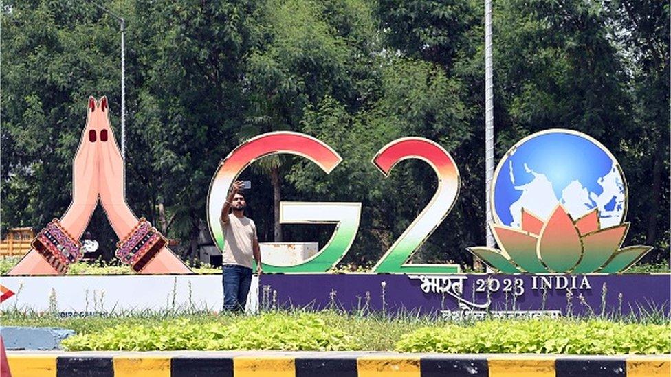 : G20 logo installed near IGI Airport in preparation for the G20 Summit on August 30, 2023 in New Delhi, India.