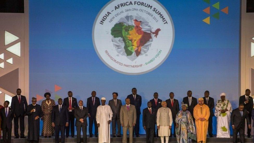 Indian Prime Minister Narendra Modi (9R) stands among other African Heads of State and representatives during a group photograph at the India-Africa Forum Summit in New Delhi on October 29, 2015.