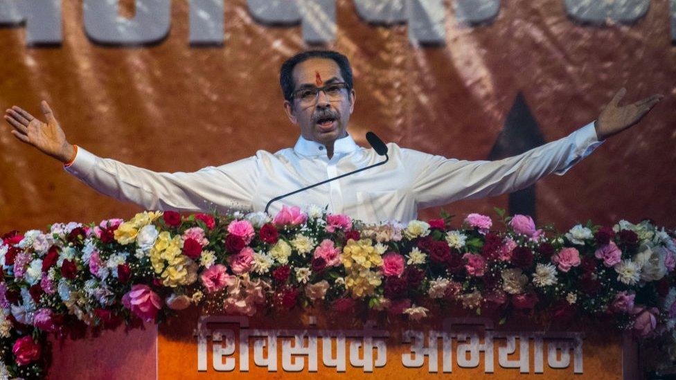 Maharashtra Chief Minister Uddhav Thackeray addresses Shiv Sena rally at MMRDA Grounds, Bandra-Kurla Complex (BKC), on May 14, 2022 in Mumbai, India.