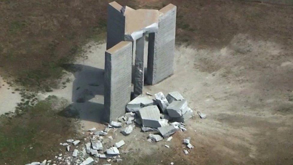 Damaged Georgia Guidestones monument. Photo: 6 July 2022