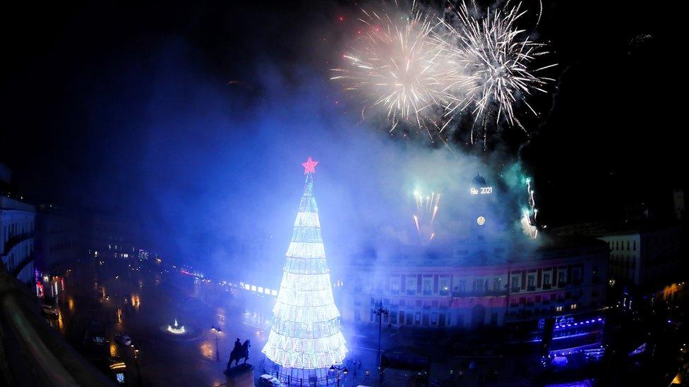 Fireworks above Puerta del Sol square in Madrid in Spain