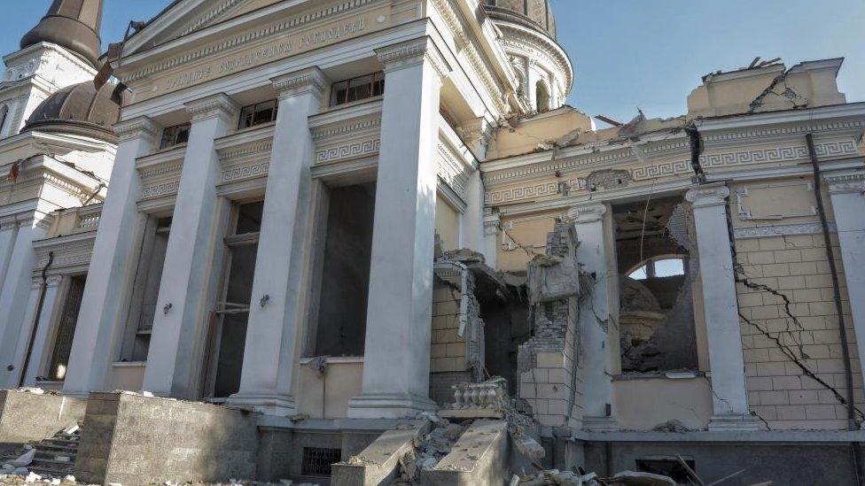 The damaged exterior of Cathedral