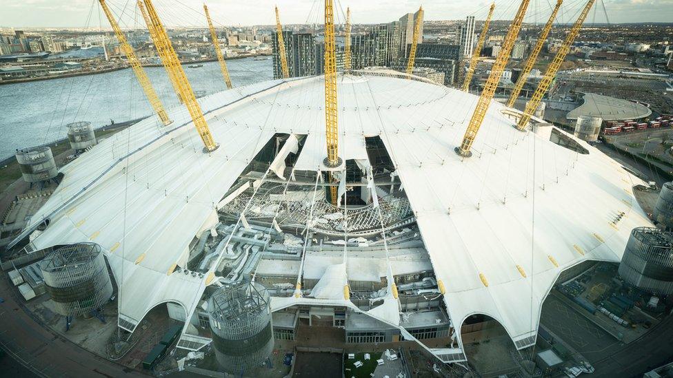 Damage to the roof of the O2 Arena, in south east London