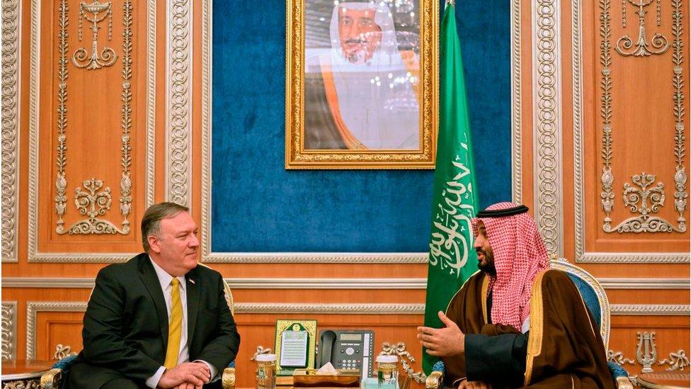 Secretary of State Mike Pompeo (left) meets with Saudi Crown Prince Mohammed Bin Salman (right) in Riyadh