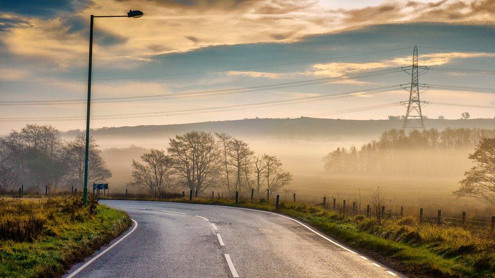 A misty road through Heol y Cyw in Bridgend County, taken by John Finch