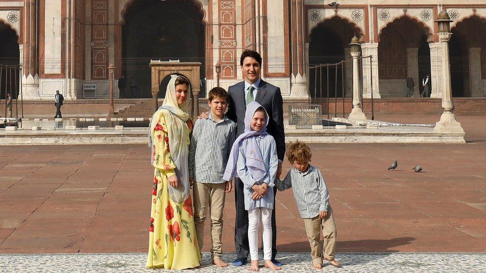 The Trudeau family in front of the Jama Masjid in New Delhi