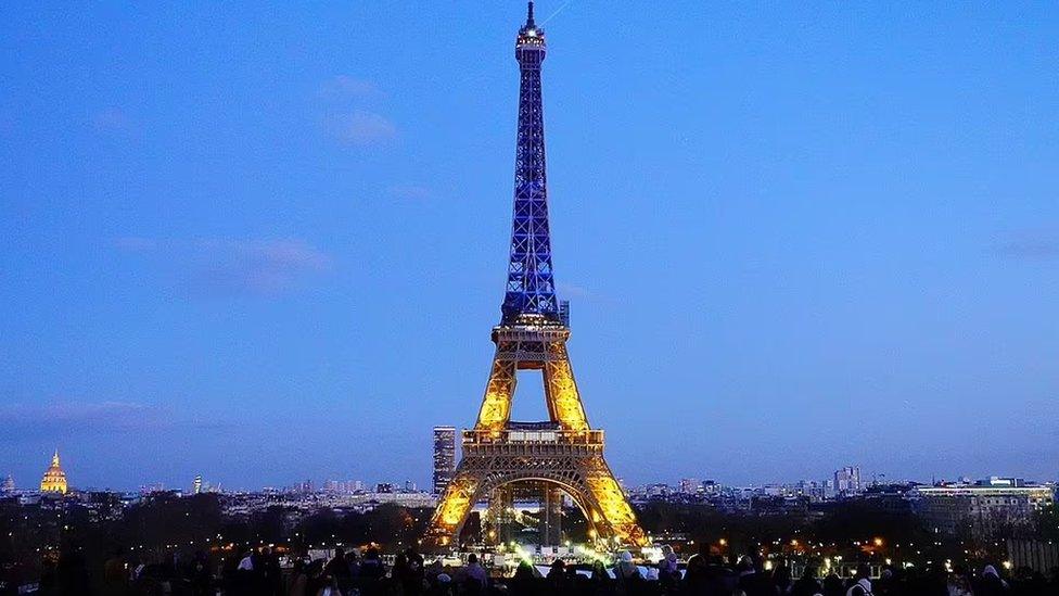 The Eiffel Tower in Paris, France has been lit up in the Ukrainian national colours. The monument will be illuminated in support of the Ukrainian people for three nights.