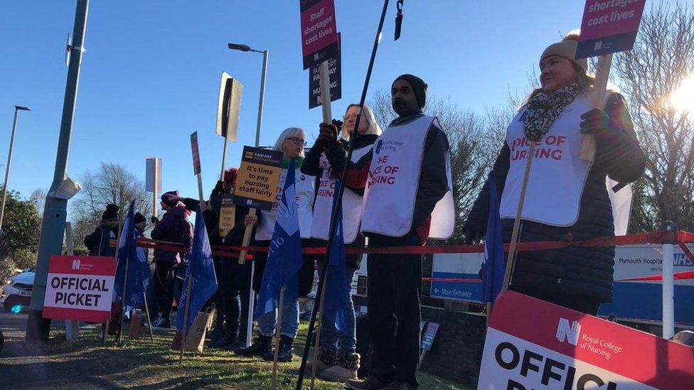 The picket line outside Derriford Hospital