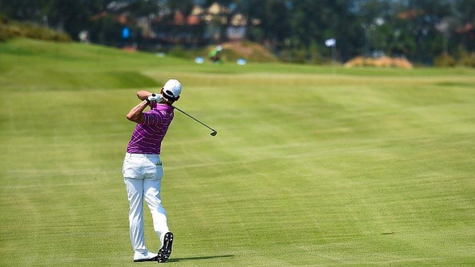 Daniel Stapff of Brazil hits the ball during the test Golf Tournament at the Olympic Golf Course